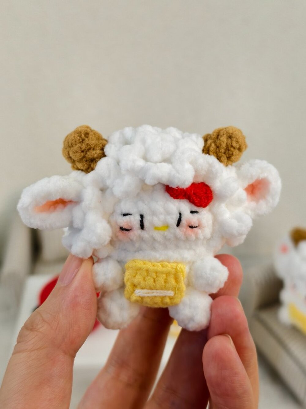 Handmade Amigurumi Crochet Hello Kitty Wearing A Lamb Costume Plushie